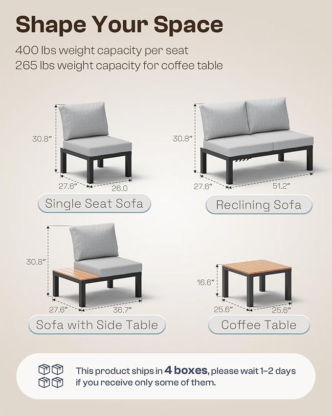 Aluminum Modular Outdoor Patio Furniture Set, 6 Seats Patio Sectional Sofa Set with Adjustable Backrest & Thick Cushions, All-Weather Conversation Sets with Table for Garden & Yard, Gray