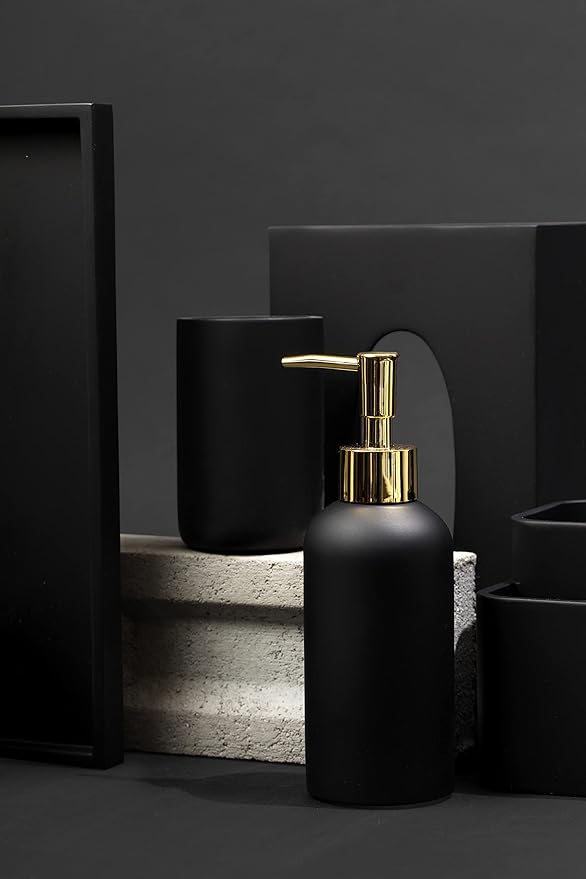 Essentra Home Matte Black Liquid Soap Dispenser with Gold Pump for Bathroom, Bedroom or Kitchen. Great for Hand Lotions and Essential Oils. 10 Fluid Ounce - Matte Black Collection.