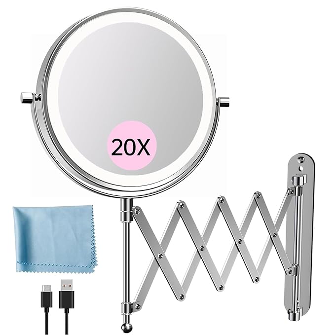 Rechargeable Wall Mounted Makeup Mirror - 8 Inch Double Sided 1X/20X Magnifying Mirror with 3 Color Lights Dimmable Touch Screen, 360°Swivel 19.6 Inch Extendable Accordion Bathroom Mirror