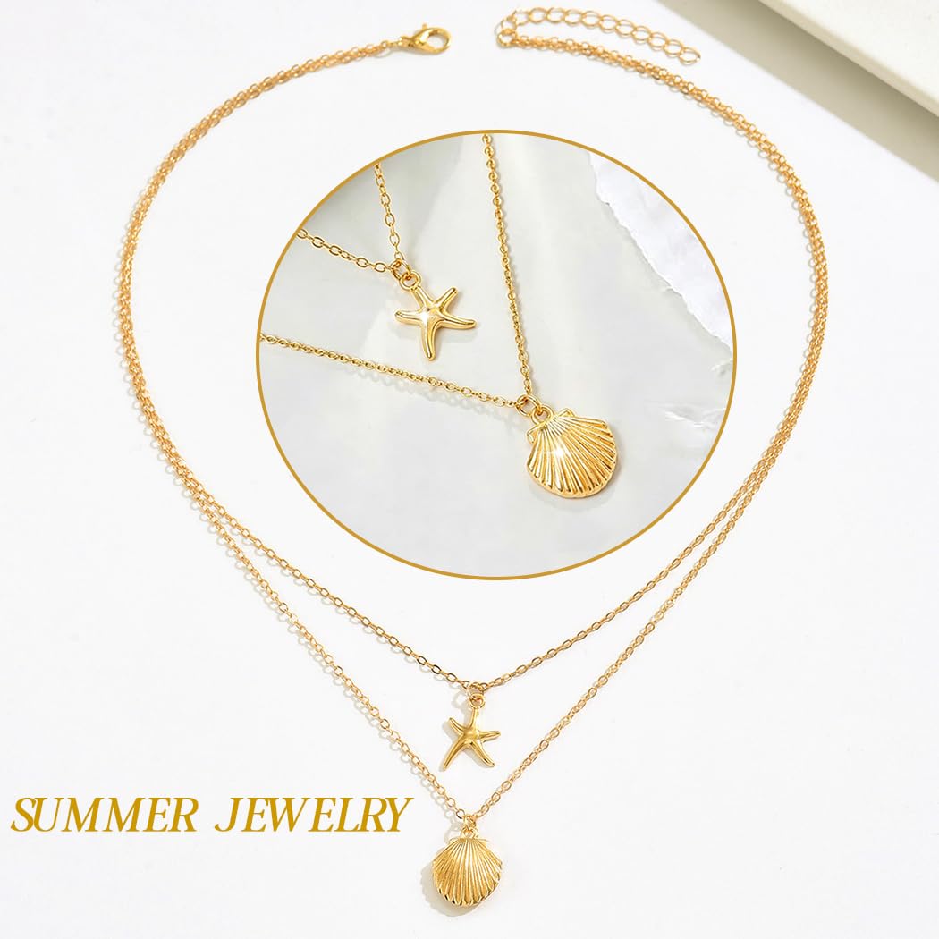 Tgirls Boho Starfish Layered Necklace Shell Pendant Necklace Silver Necklaces Chain for Women (Gold)