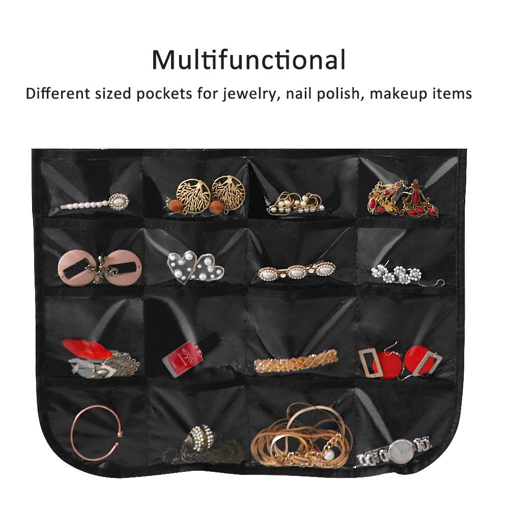 Forypretty Hanging Jewelry Organizer, Double-Sided 80 Pockets (40 Front + 40 Back), Closet & Hook Jewelry Storage, for Earrings, Necklaces, Bracelets, Rings & Pendants, Black
