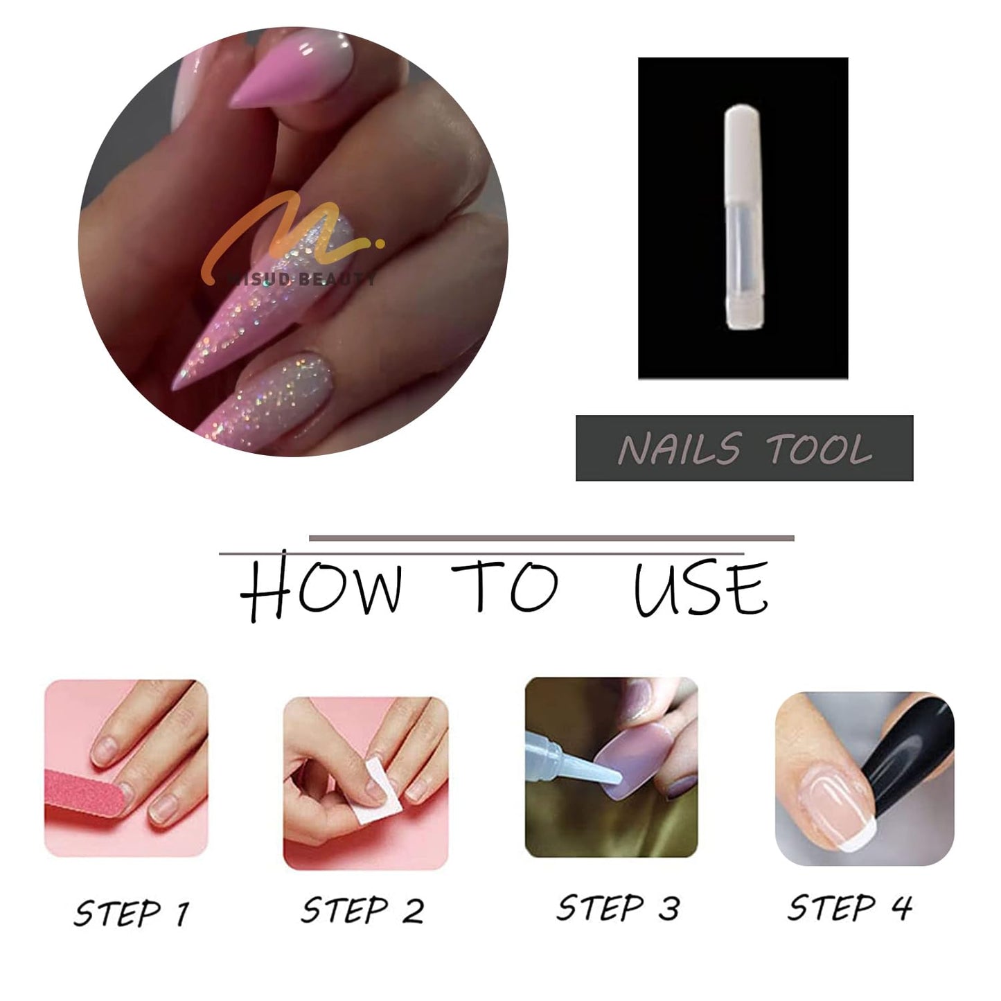 MISUD Press on Nails - Long Stiletto Glue on Nails with Pink Ombre, Acrylic Bling Glitter Design 24 pcs