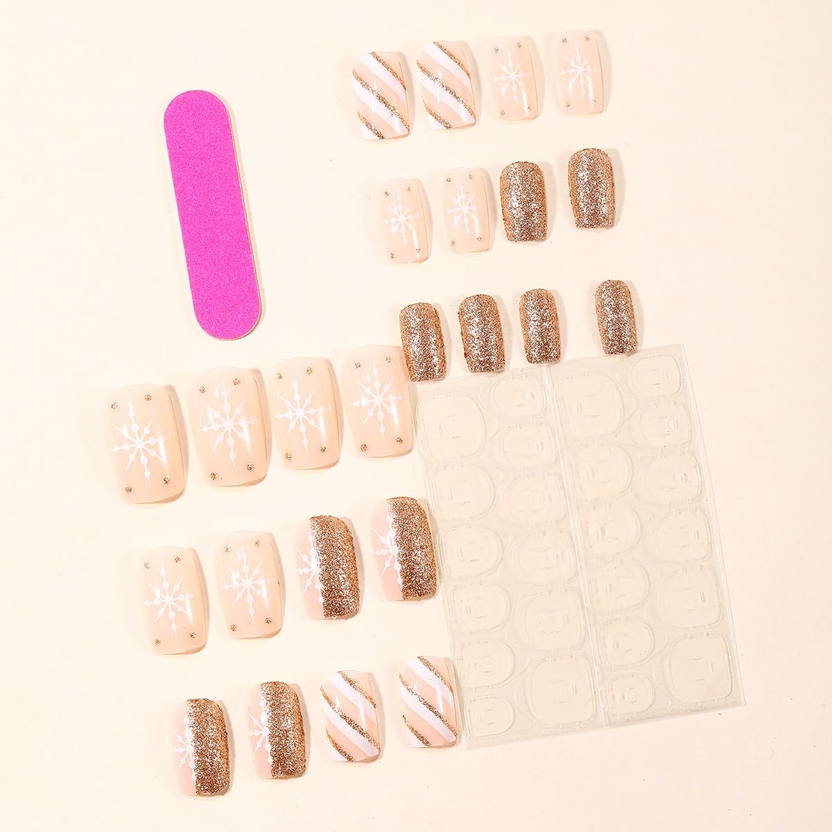 Square Press on Nails Short - Christmas Fake Nails wtih Snowflake Design - Winter False Nails Press ons - for Women 24 Pcs