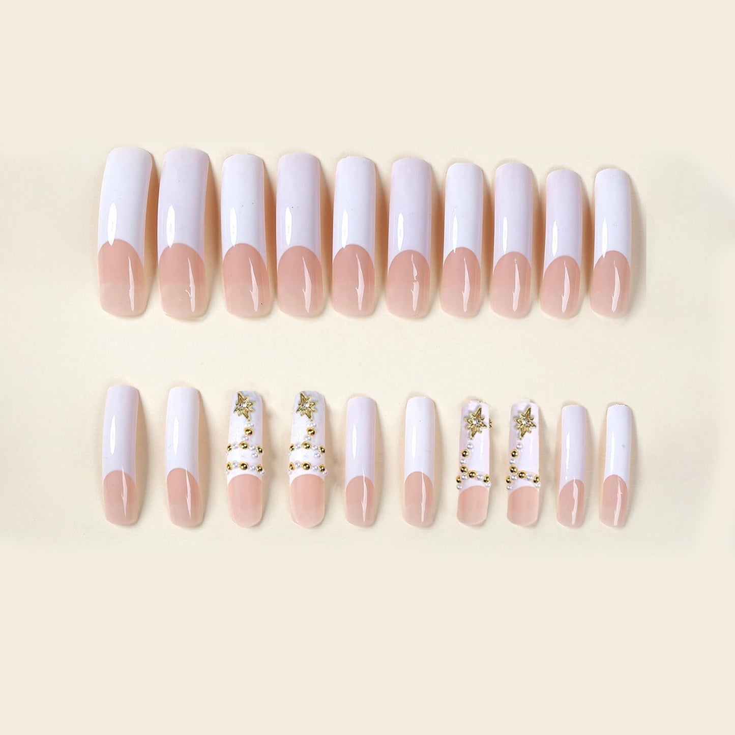 IMSOHOT Curved Press on Nails White French Tip Fake Nails Extra Long Square False Nails with Golden Charms Design Glossy Acrylic Full Cover Stick on Nails for Women Manicure 20Pcs