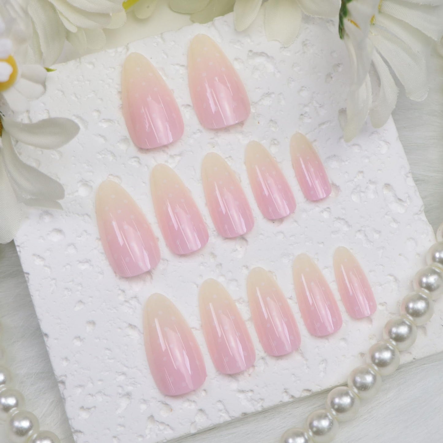 Press on Nails Almond Medium Fake Nails Pink Ombre Nails Press ons Glossy Glue on Nails with White Dot Designs Artificial Stick on Nail for Women 24 Pcs