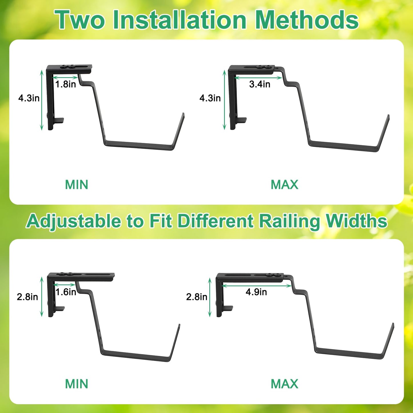 Deck Railing Planter Boxes 2 Tier Green Outdoor Hanging Planters Set of 2 with 4 Pack Flower Boxes 16.9 Inch Window Boxes Planters with Adjustable Brackets Balcony Planters for Garden Porch Patio