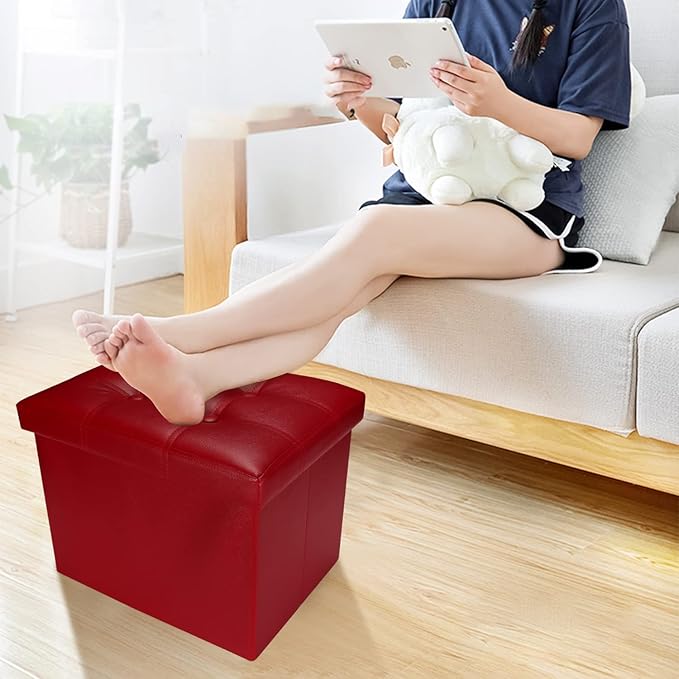 Storage Ottoman, Folding Foot Stool with Thicker Foam Padded Seat Small Leather Storage Ottoman Bench Foot Rest for Living Room Foldable Coffee Table 17x13x13in,Red