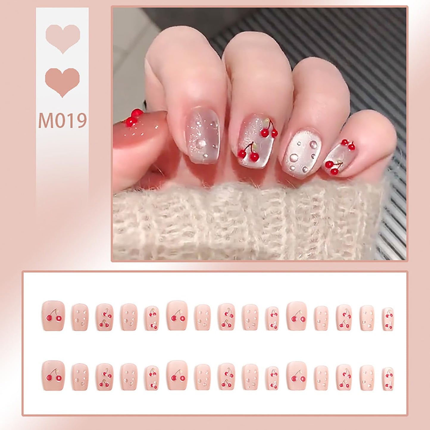 Press On Glossy Full Cover Acrylic Short Length Square False Nails with Cherry Designs Artificial Square Shaped Fake Nails with Charms Glue ons Fingernails for Women Girls