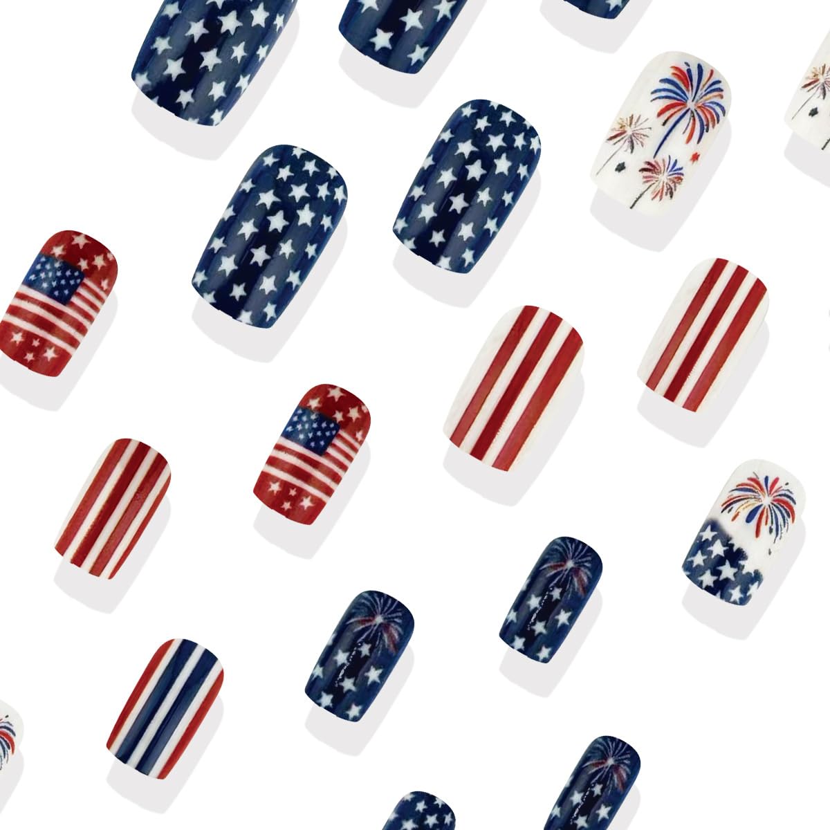 4th of July Press on Nails Medium Square Fake Nails Independence Day French Tips Firework Design False Nails Full Cover Glossy American Flag for Women Patriotic Nails Decoration 24Pcs