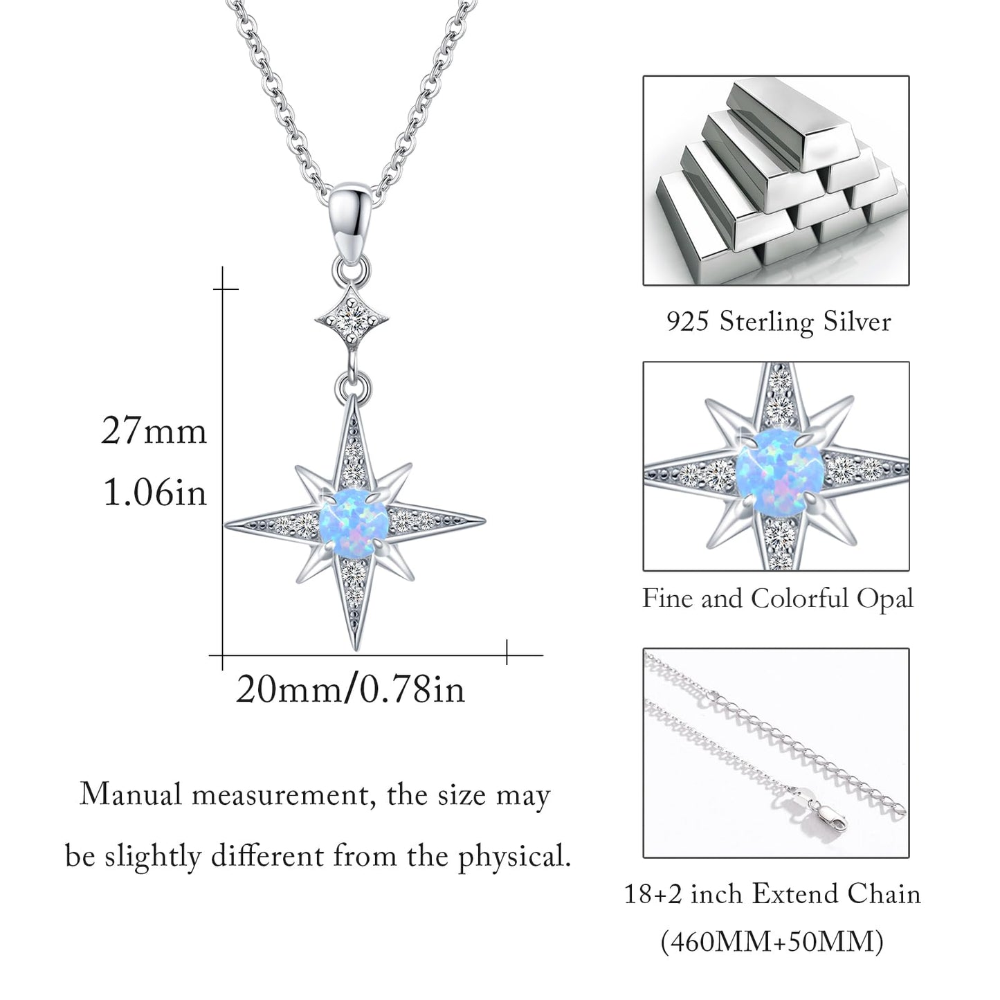 Sterling Silver North Star Necklace with Blue Opal Star Pendant - Women's Gift