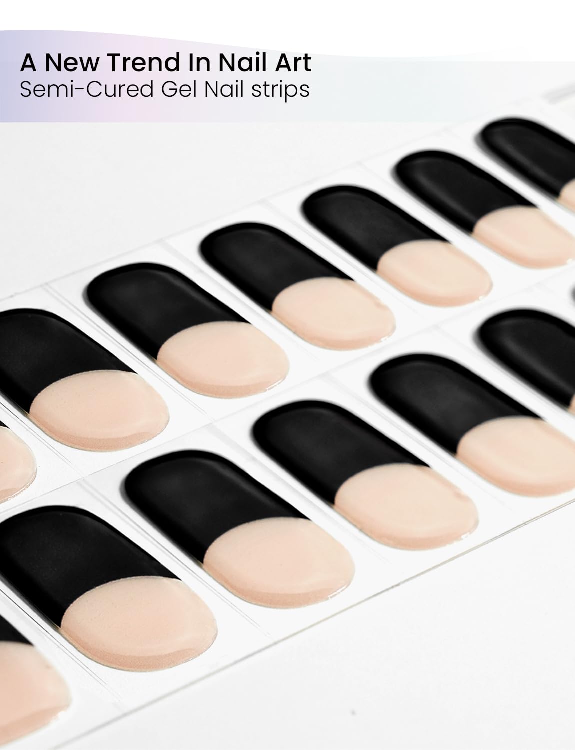 Oauee Semi Cured Gel Nail Strips | Built-In Gel Top Coat | UV Light Required | Salon Quality, Easy Application And Removal (Black French)