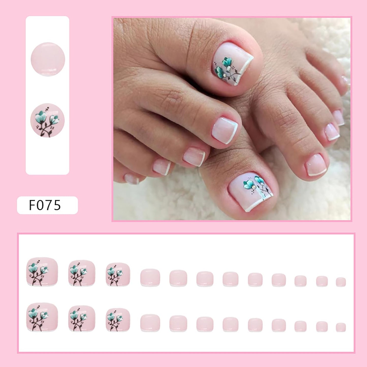 Vezocim Press-on French Toenails with Green Flower Designs, Glossy Acrylic False Nails, 24pcs