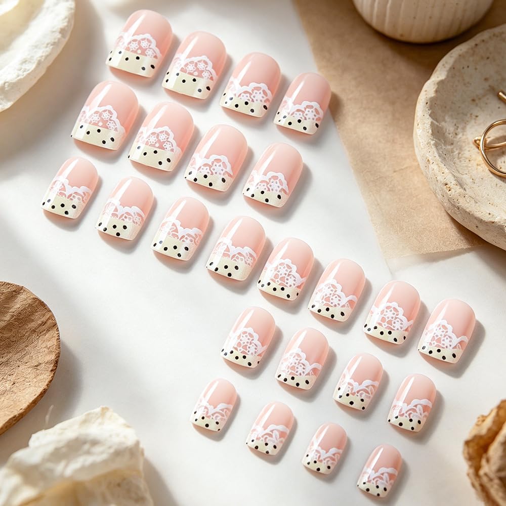 Short Square Press on Nails French Tip Fake Nails Polka Dot False Nails Nude Pink Glue on Nails Cute Lace Acrylic Nails Beige Stick on Nails for Women Manicure 24Pcs
