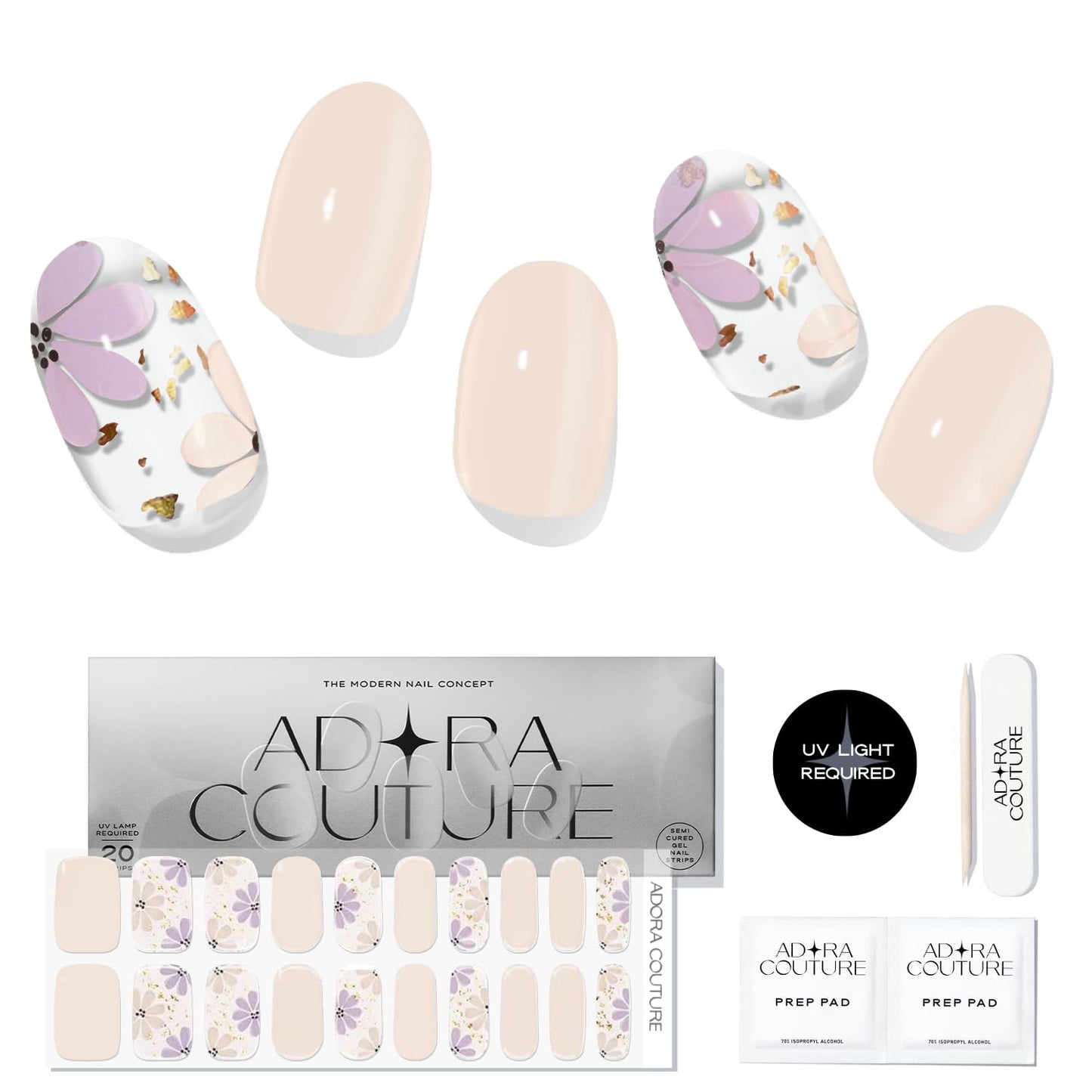 Semi-Cured Gel Nail Strips - 20 Salon-Quality Gel Sticker with UV Light Required, Long Lasting, Easy Application & Removal, Includes Prep Pad, Nail File, Wooden Stick (Beige Dewy)