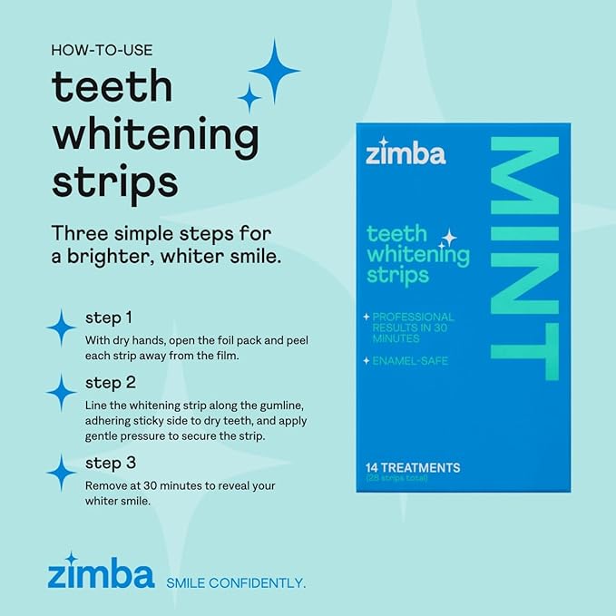 Zimba Teeth Whitening Strips for Teeth Sensitive, White Strips for Teeth Whitening, Teeth Whitener Stain Remover 28 White Strips Included Per Pack, 2 Pack (14 Day Treatment), Mint and Spearmint