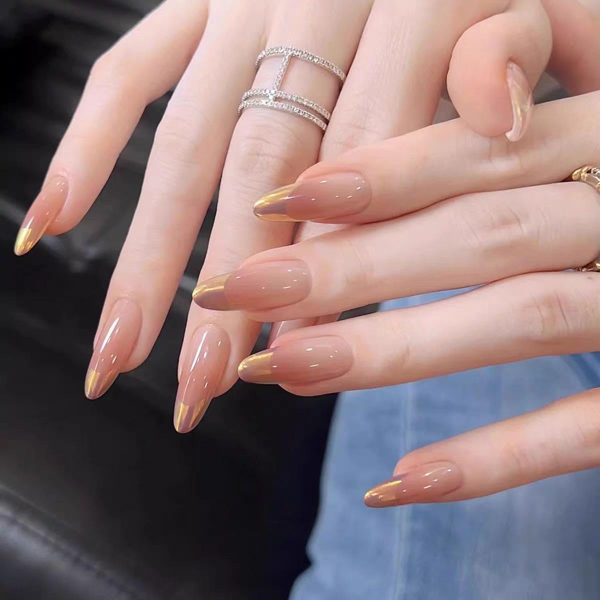 French Tip Press on Nails Medium Oval Shape, Glossy Fake Nails with Glue, Almond Stiletto Acrylic Nails Full Cover Nude False Nails for Women DIY Manicure Decoration, 30PCS