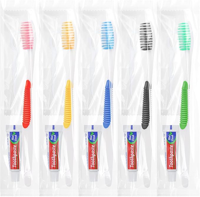 Disposable Toothbrushes with Toothpaste and Floss,10pcs Single Use Individually Wrapped Disposable Travel Toothbrushes and Dental Floss Kit Bulk for Homeless,Airbnb,Dentist,Hotel(5 Colors)