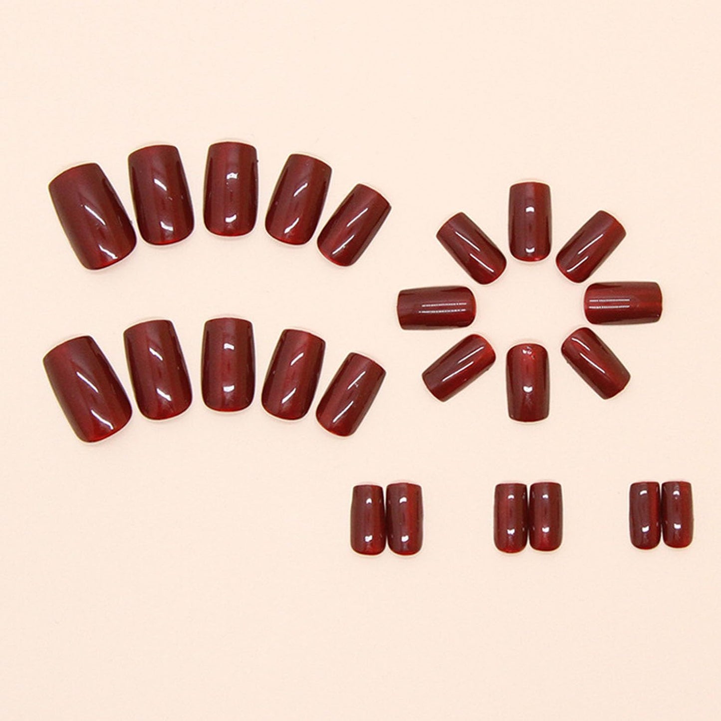 Burgundy Press on Nails Medium Short Fake Nails Solid Color Glue on Nails Red Full Cover Artificial Nails Glossy False Simple Stick on Nails for Women 24 Pcs