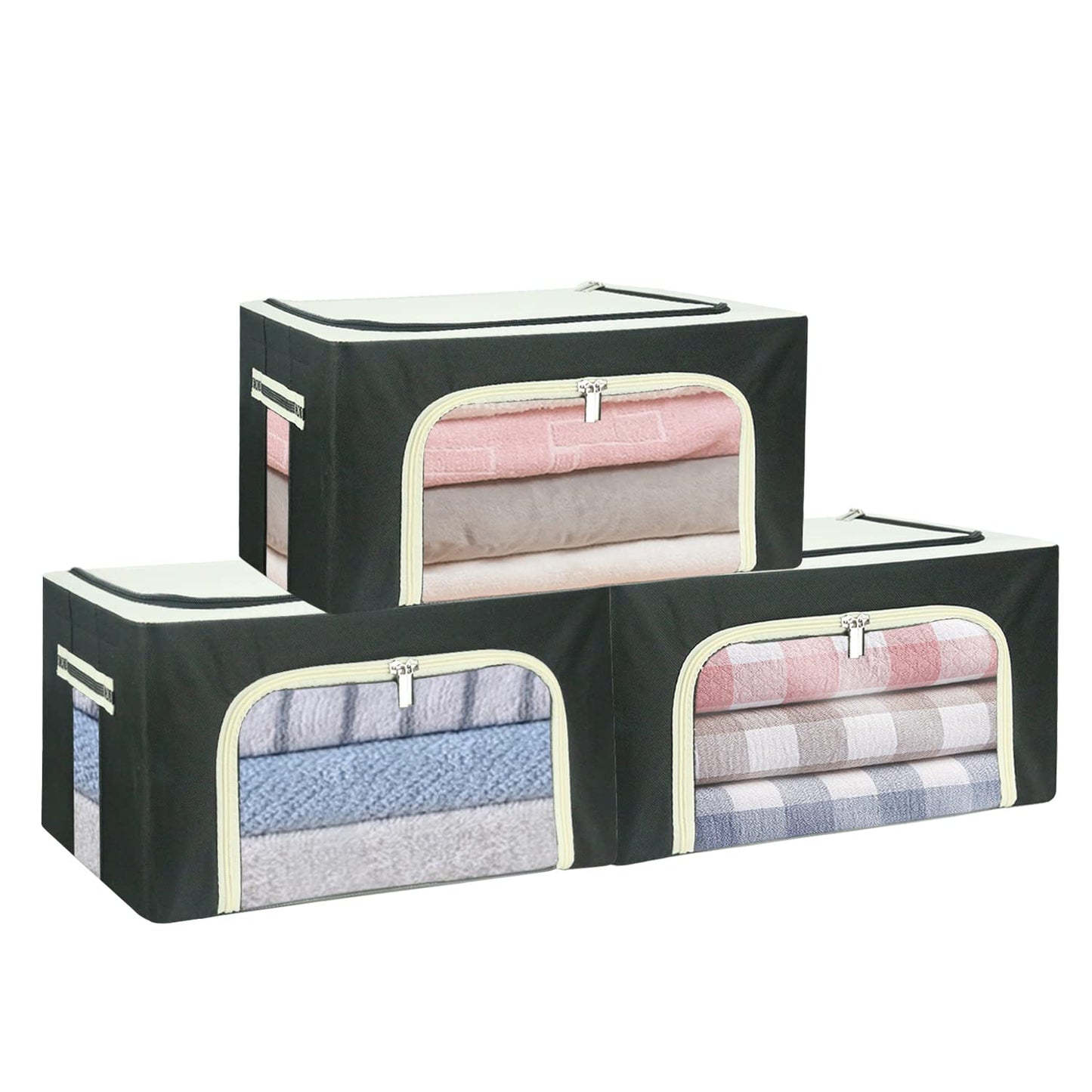 Stackable Clothes Storage Box for Clothing Gadgets,Steel Frame Storage Bins for Toys Gift,Foldable Oxford Fabric Closet Organizer Bag Set w/Carry Handles Clear Window (Small- 22L x3 Pack, Black)