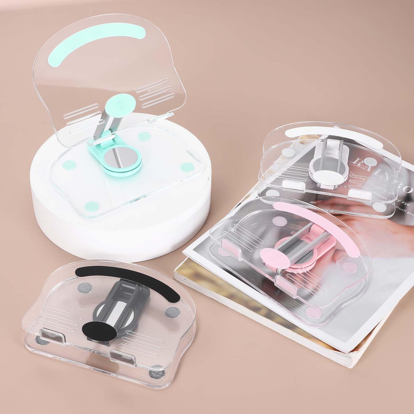 PATIKIL Acrylic Tablet Stand, Acrylic Tablet Holder Adjustable Foldable Portable Clear Cute with 360 Degree Rotating Base for Desk Home Office Women Gifts, White