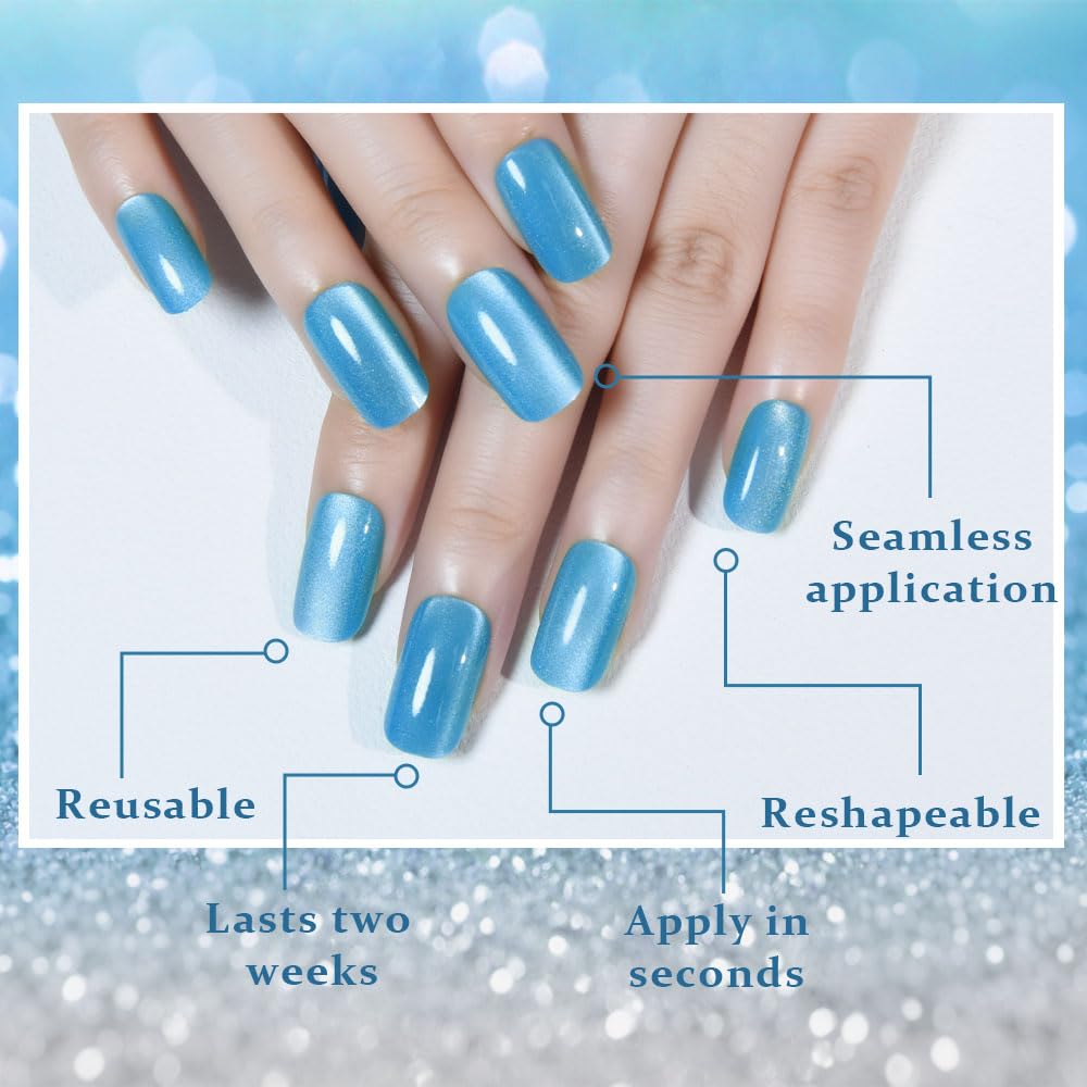 Aqua Blue Cat Eye Press on Nails Medium Square, Medium Square Press Stick on Nails Chrome for Women Gift, Aqua Blue Holographic Glitter Glossy Reusable Gel Acrylic Fake Nail with Designs Cateye Effect