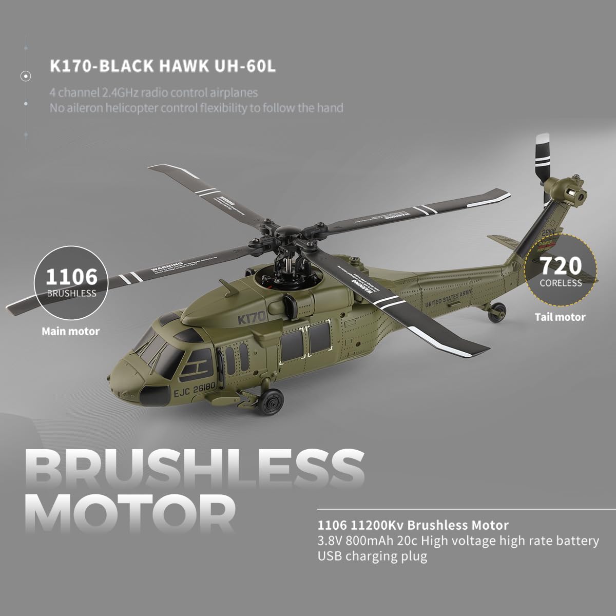 Razordon WL K170 BK Hawk RC Helicopter, 2.4G 4CH Flybarless 6-Axis Gyroscope Altitude Hovering RC Military Helicopter with Display Stand and Apron Takeoff Landing Pads (RTF Version)