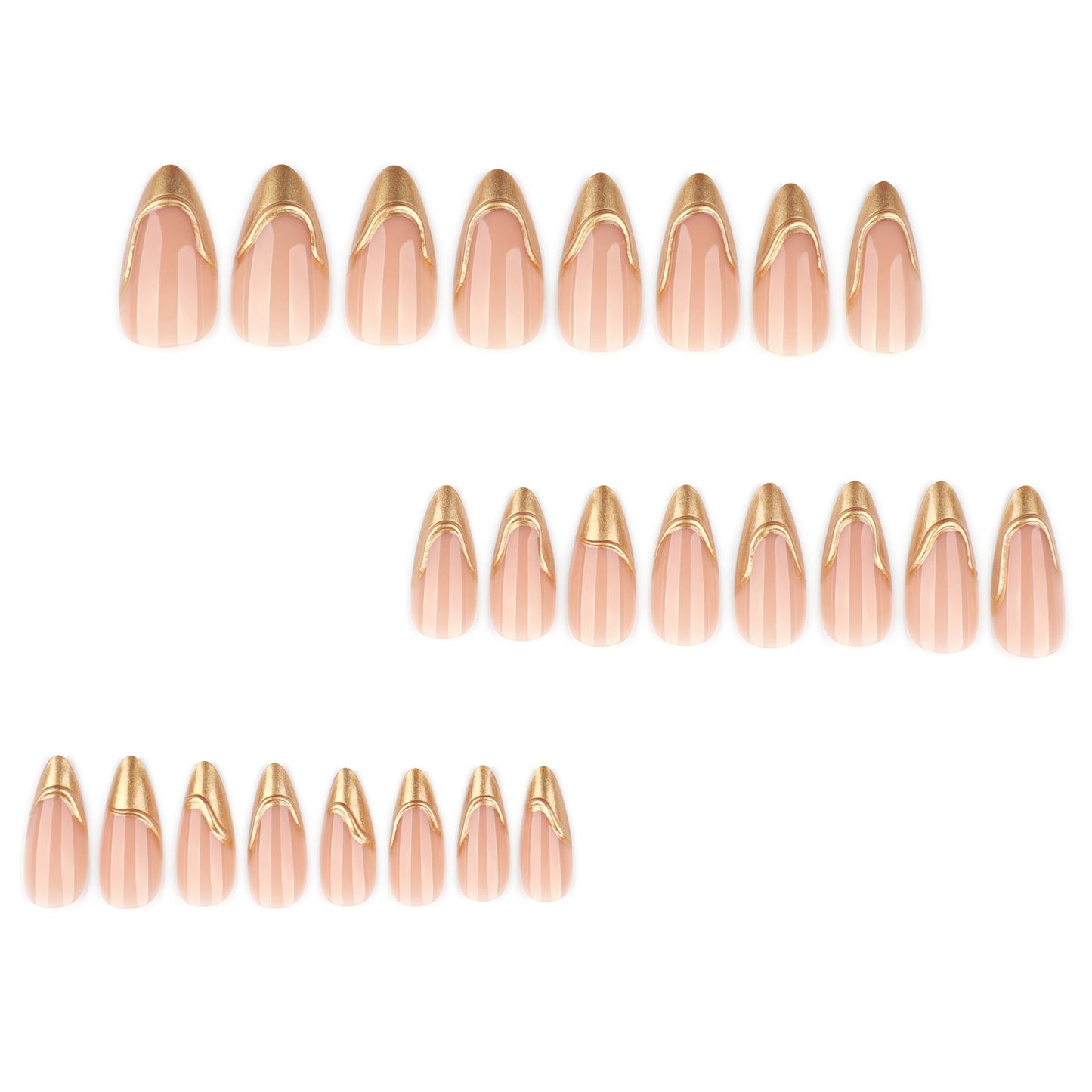 RUOKEXIN Almond Press on Nails French Tip Fake Nails Gold False Nails with 3D Designs Medium Length Nail Press ons Sparkly Artificial Nails for Women 24Pcs