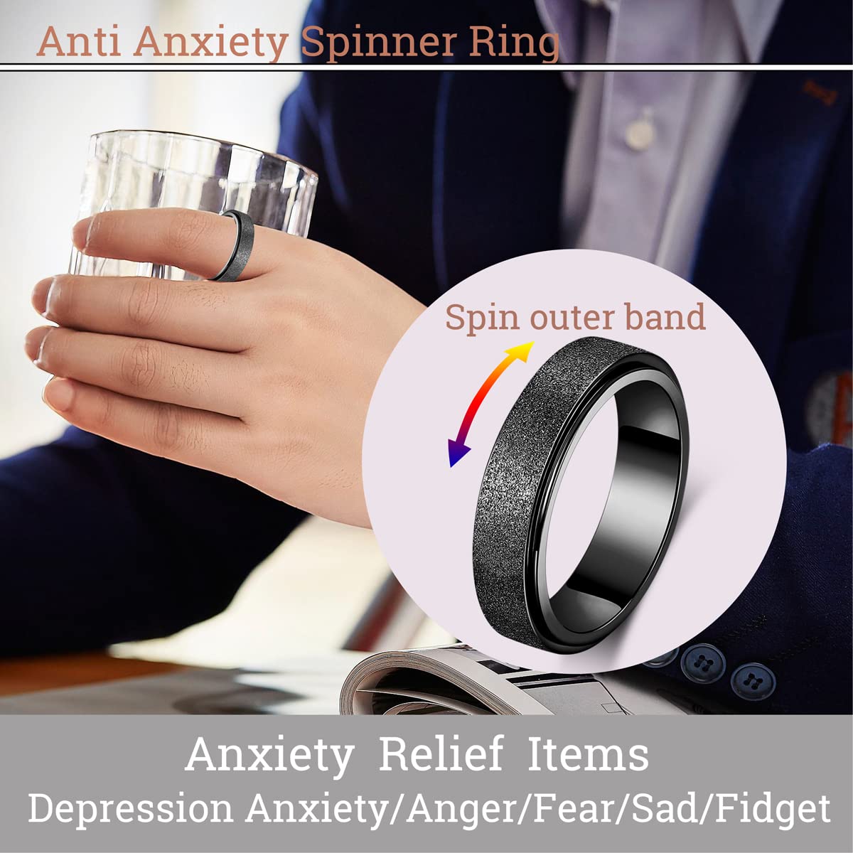 Anxiety Ring for Women Fidget Spinner Ring Fidget Toys Adults Titanium Stainless Steel Thumb Ring 6mm Wide Black Size 9