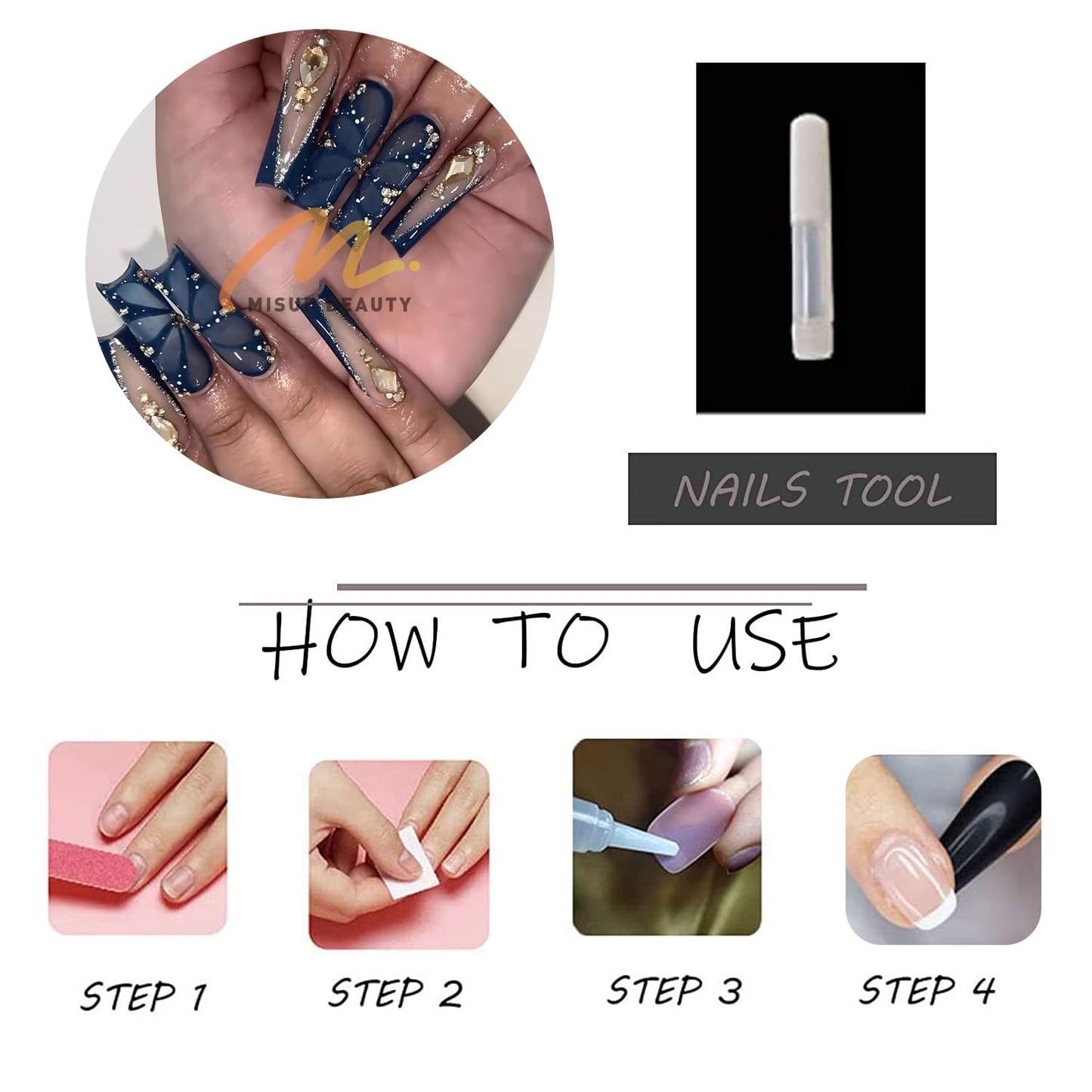 MISUD Press on Nails - Long Square Fake Nails with Navy Blue, Acrylic Butterfly Rhinestone Design 24 pcs