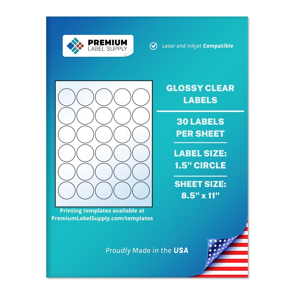 Premium Label Supply Glossy Clear Sticker Round Labels – 1.5" Circle – Laser/Inkjet Compatible – (30 per Sheet), 10 Sheets – 300 Total Adhesive Labels