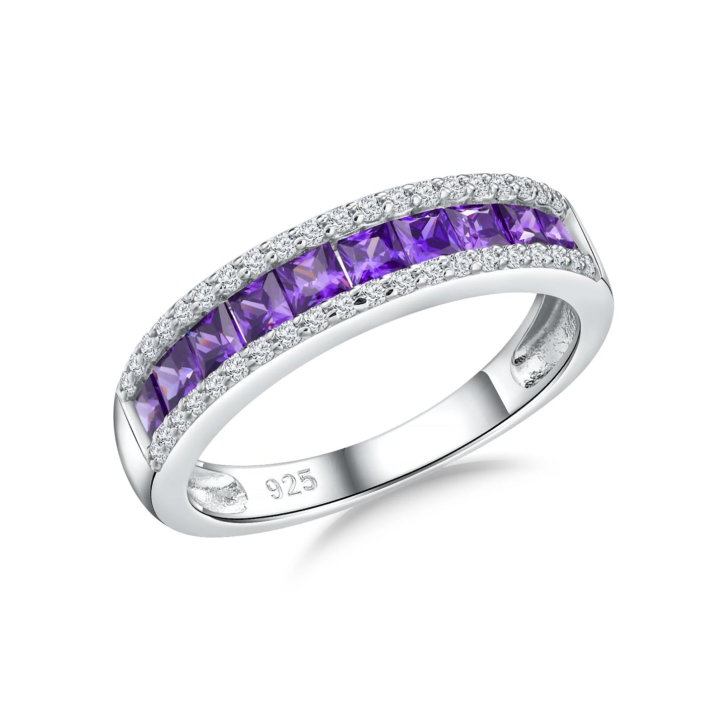 RANDES 925 Sterling Silver Amethyst Ring Half Eternity Band Rings for Women Channel Set February Birthstone Purple Ring Size 9
