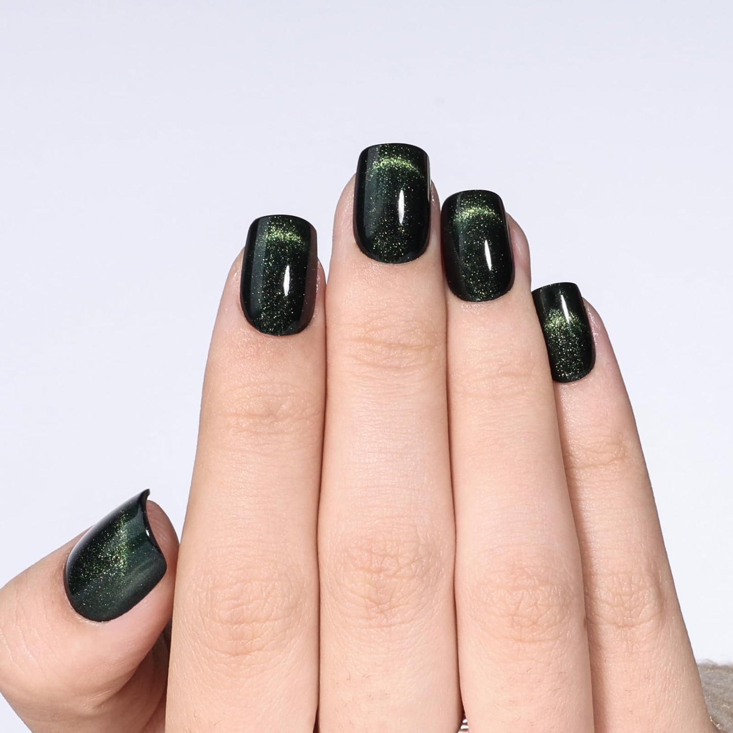 Green Cat Eye Press On Nails - Short Square Magnetic Cat Eye Press On Nails, Reusable Fake Nails Kit with Nail Glue, 30PCS 15 Sizes