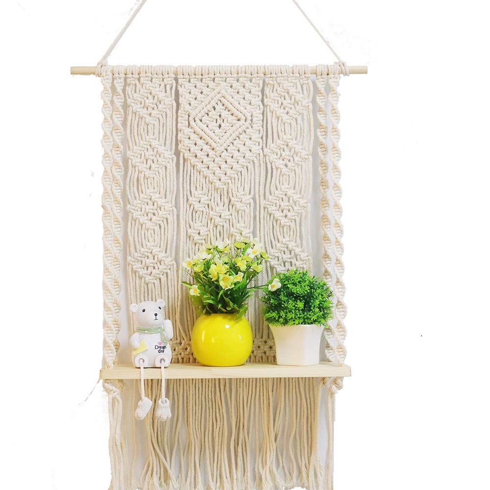 AMIAEDU Macrame Wall Hanging Shelf, Handmade Indoor Boho Pot Basket Hanger Holder, Rope Plant Hanger for Wall Decor (White)