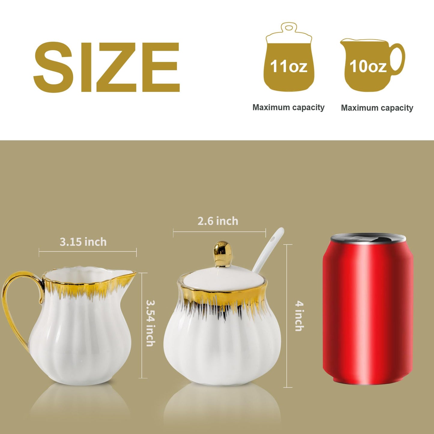 Ceramic Sugar and Creamer Set, White Sugar Bowl & Creamer Set with Gold Trim, 3 Piece with 10oz Cream Pitcher, 11oz Sugar Bowl with Lid and Spoon, Coffee Serving Set for Café, Afternoon Tea