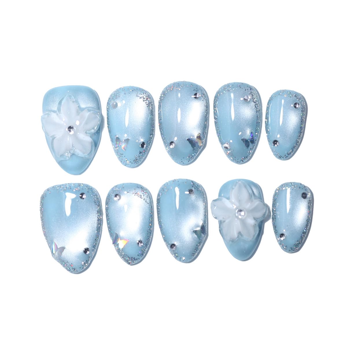 10 Pcs Short Almond Handmade Press On Nails | Sky Blue Cat Eye with 3D Floral & Rhinestone Accents | Reusable, Easy to Apply & Remove, Salon-Quality Manicure (RR16, M)