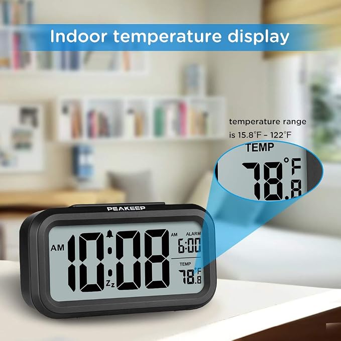 Peakeep Night Light Digital Alarm Clock Battery Operated Indoor Temperature | Small Cordless Cute Clock for Bedroom Desk Travel, Simple to Use for Teens Kids (Black)