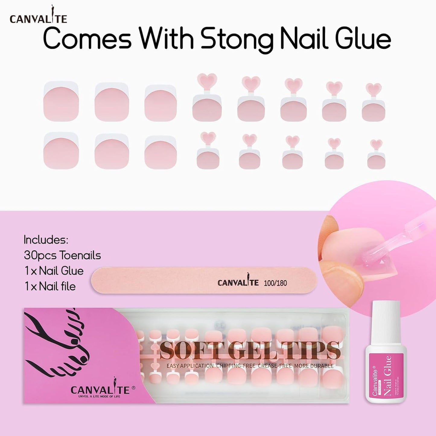 Canvalite Press on Toenails for Women, Big Toe Nail Press ons French Tip Fake Toenails with Glue, Reusable Home DIY Pedicure Set, 16 Sizes