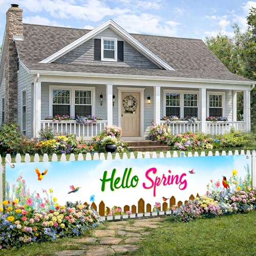 BlissYard Hello Spring Banner 78x17 Inches Vertical Hanging Fabric Porch Decor for Front Door Garden Patio Fence Wall Photo Backdrop Spring Outdoor Party Decoration Seasonal Garden Sign Backdrop - color: Spring Decorations Banner #004, size: 78 x 17 Inch