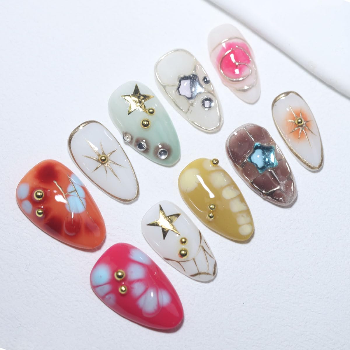 10Pcs Short Almond Handmade Press On Nails | Easy Apply & Remove, Reusable Salon Quality Nails | Colorful Y2K Fake Nails with 3D Star, Gold Accents & Rhinestone (RR06, XS)