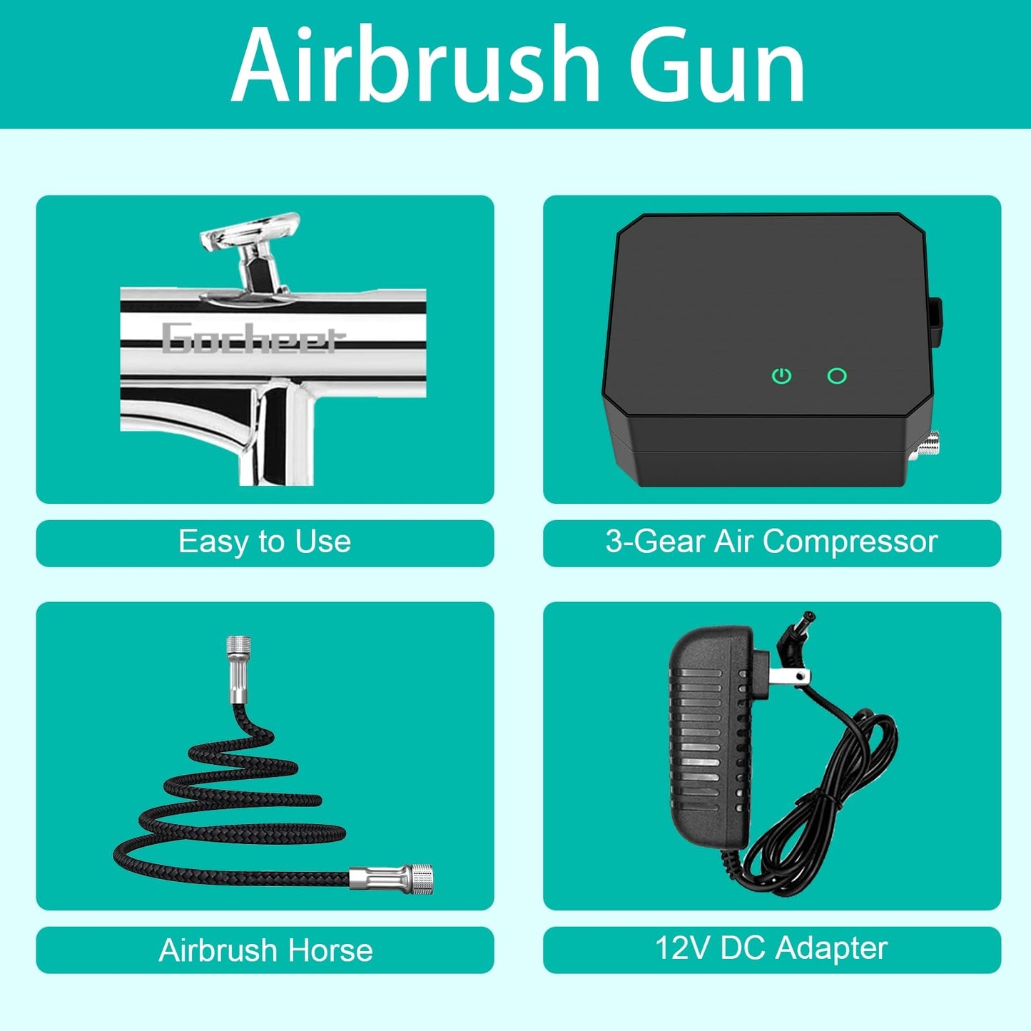 Gocheer Airbrush Kit with Air Compressor, 40 48 PSI High Pressure Air Brush Non-Clogging with 0.2/0.3/0.5mm Nozzle/Cleaning Sets, Ideal for Painting, Modeling, Cake Decor, Makeup (Black, 40 PSI)