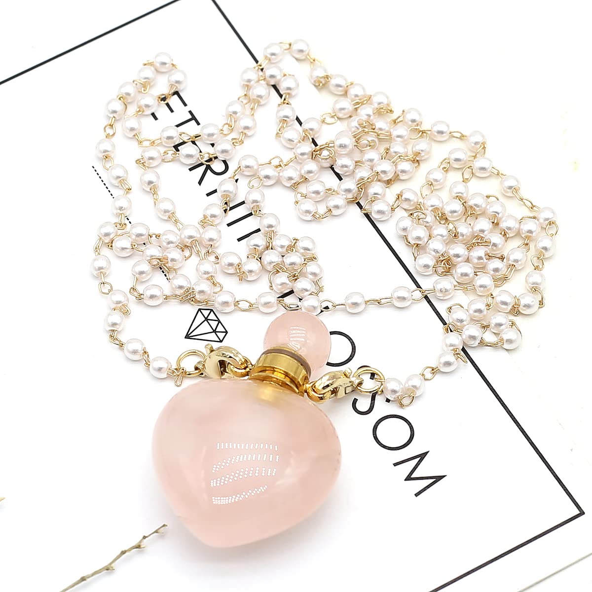 1pcs Natural Rose Quartz Stone Perfume Bottle Pendant Pearl Bead Chain Rectangle Heart Necklace for Women StonHealinge Essential Oil Diffuser Necklace Jewelry Essential Oil Diffuser