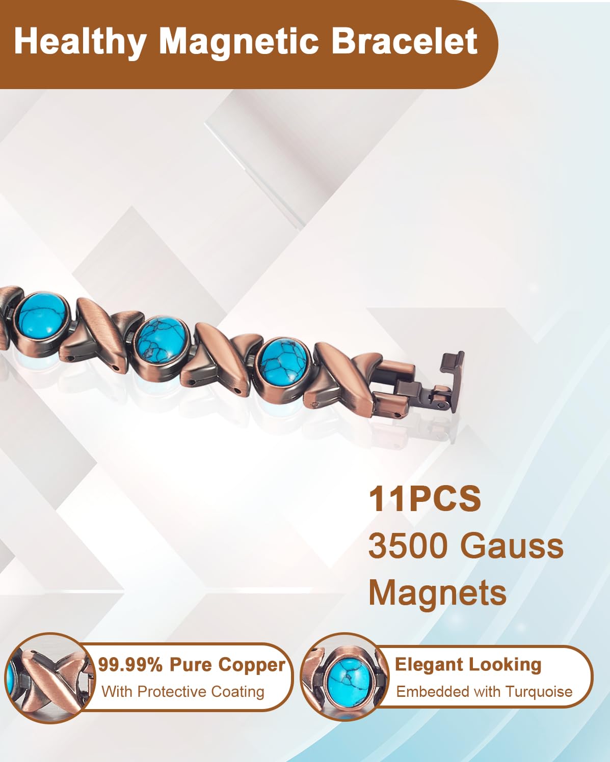 EnerCoppeX Copper Magnetic Bracelet for Women - Turquoize Detox Jewelry with 3500 Gauss Magnet (P)