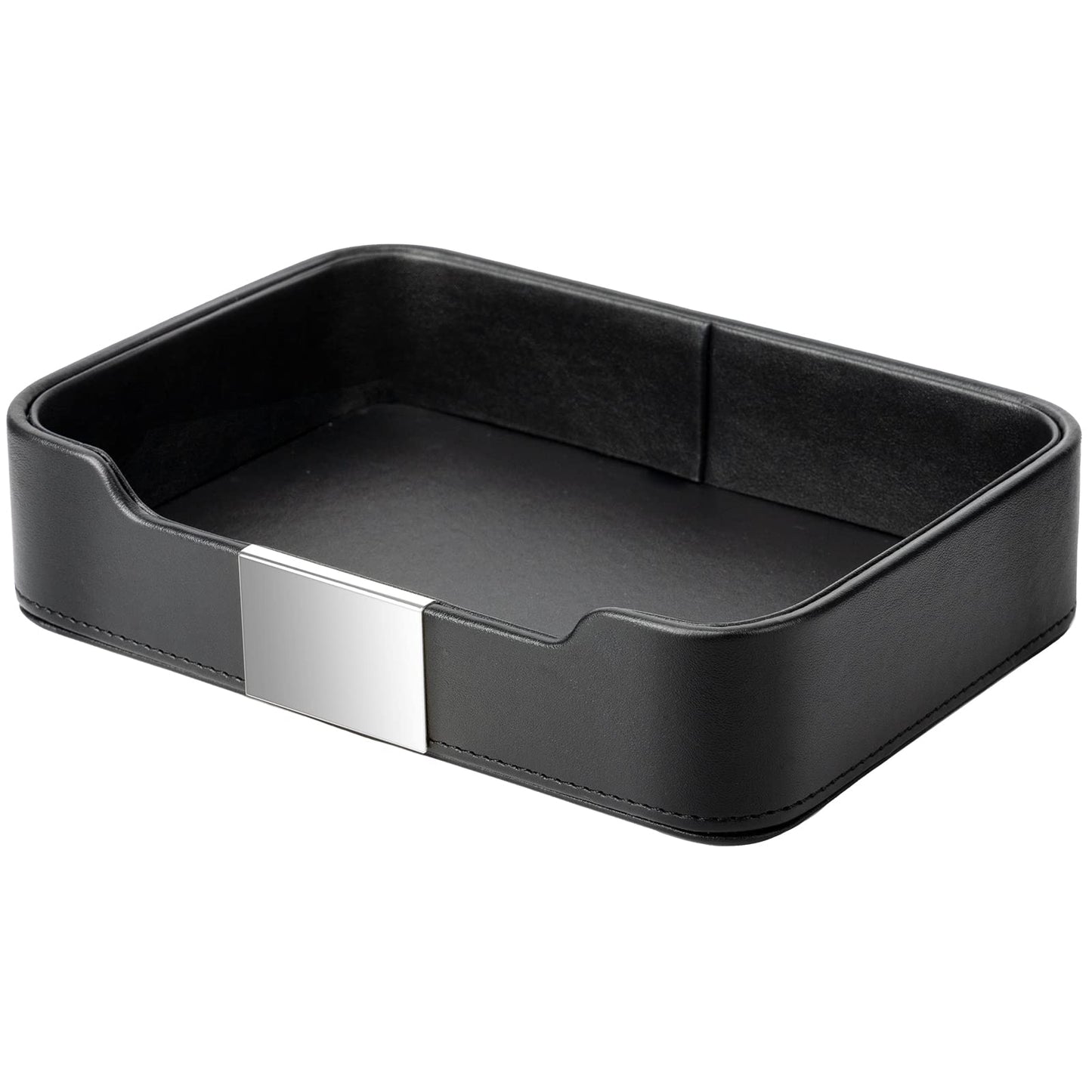SANZIE Luxury Leather Tray Desktop Storage Catchall Organizer Decorative Tray for Entryway Table to Hold Jewelry Watch Keys Phone Wallet (Metal Silvered, Black)