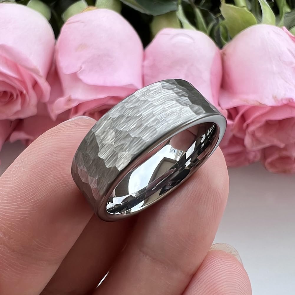 TUTISS 8mm Hammered Tungsten Carbide Rings for Men Women Fashion Engagement Wedding Bands Matte Finish I Love You Engraved Comfort Fit Size 10