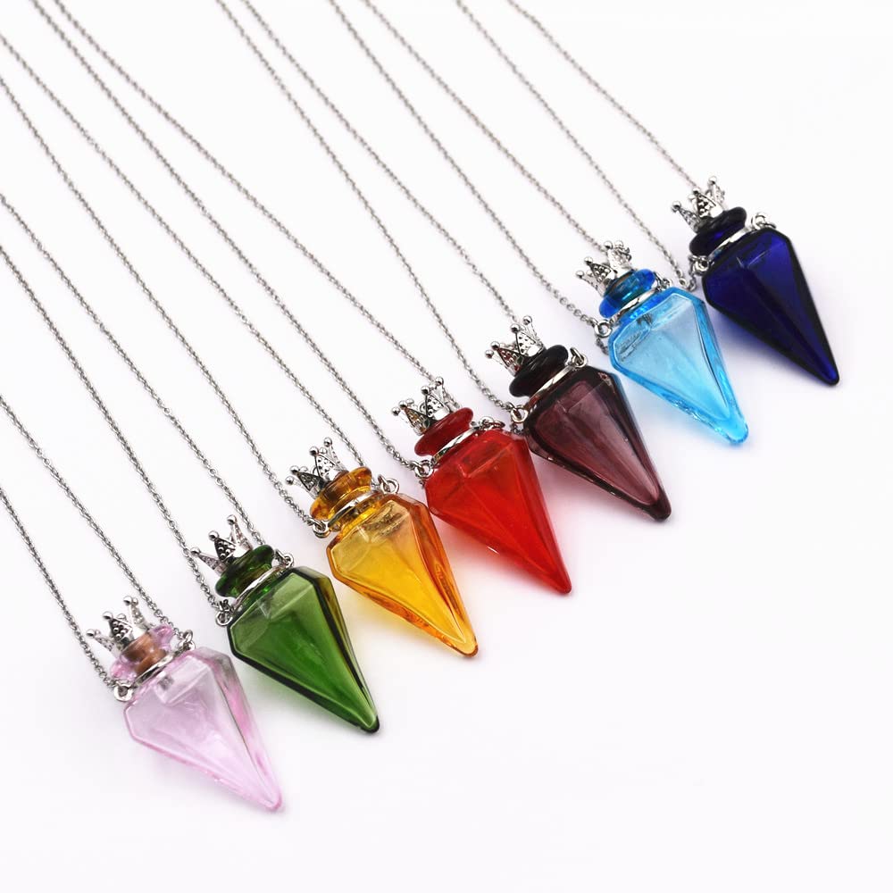 Colored glass Pendant Necklace Aromatherapy Perfume bottle necklace 50cm Stainless steel chain (light blue)