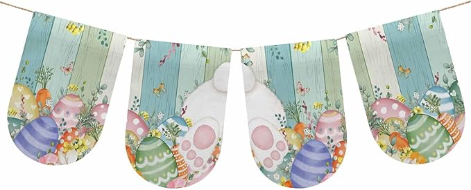 Cute Easter Bunny Banner 4Pcs Indoor Outdoor Hanging Banner Flag Eucalyptus Leaves Colorful Eggs Wooden Sign for Fireplace Mantel Decorative Bunting Garland Valance for Shop Door Decor 9.8"x15.8"