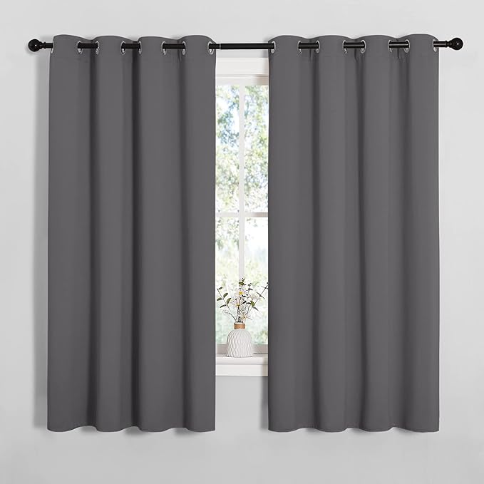 NICETOWN Grey Blackout Curtain Panels for Bedroom, 2 Panels, W55 x L57-inch, Grey, Thermal Insulated Grommet Top Blackout Draperies and Drapes for Basement