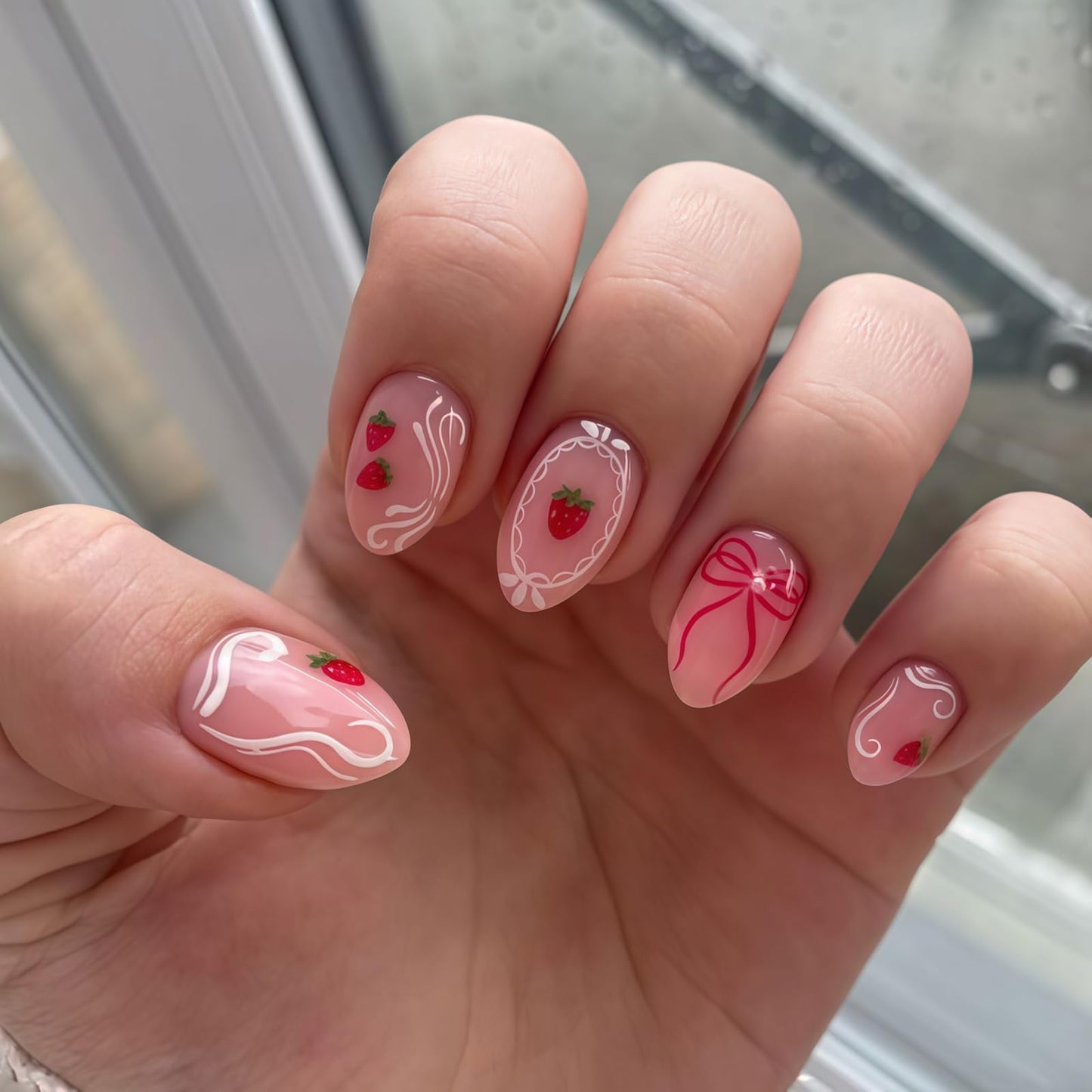 Medium Oval Press on Nails Nude Fake Nails Spring Nails Press ons with Cute Strawberry, Bow Design,Reusable Artificial Nail Full Cover Stick on Nails for Women Manicure 24Pcs