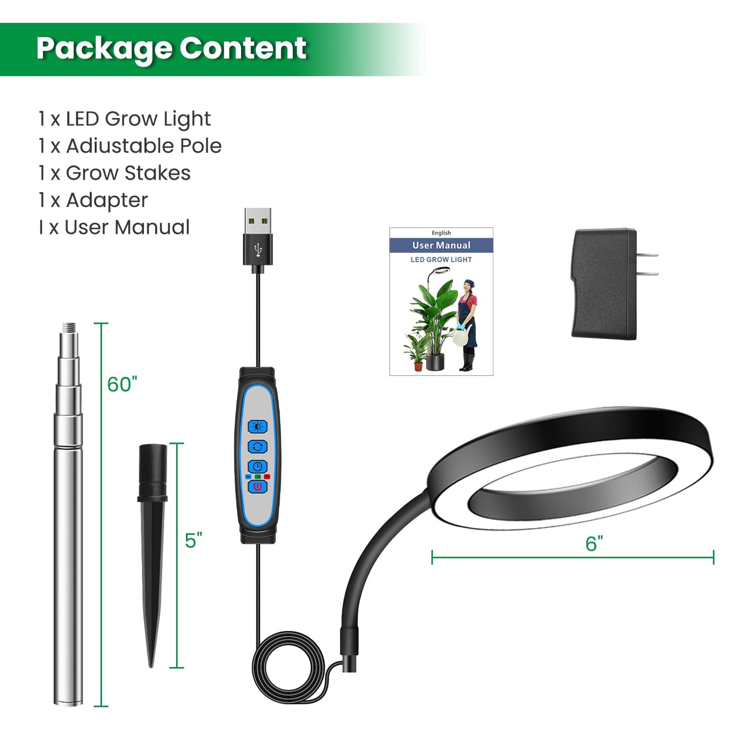 Garpsen Grow Lights for Indoor Plants, Full Spectrum 65'' Plant Light with Gooseneck, 3 Colors Modes and 5 Dimmable Levels, 6/12/16H Timer, 80 LED Height Adjustable Grow Lamp for Plants(Soil Insert)