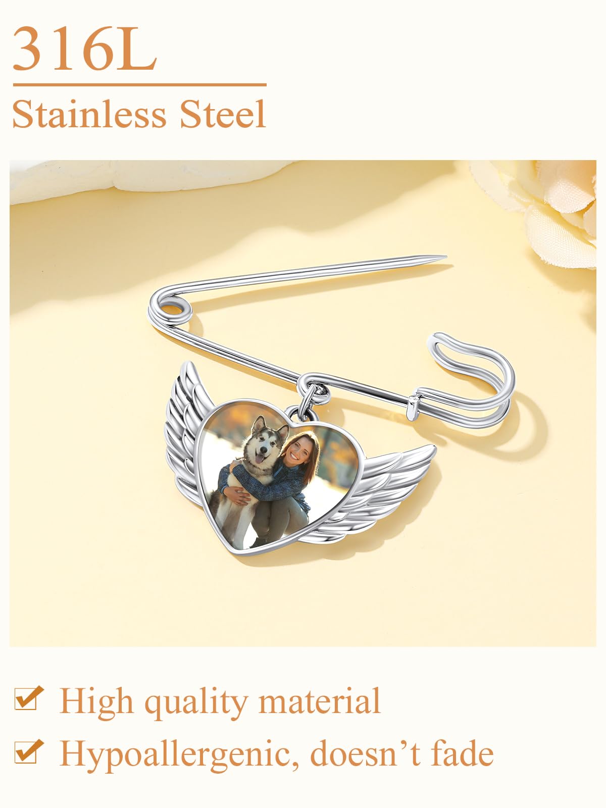 Custom4U Picture Customized Brooch with Angel Wing for Wedding Birthday Silver Pin for Bride Groom Father Mother(With Gift Box)